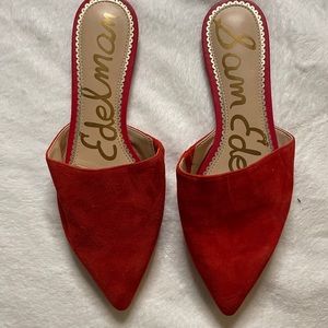Red pointy toe suede flat slides